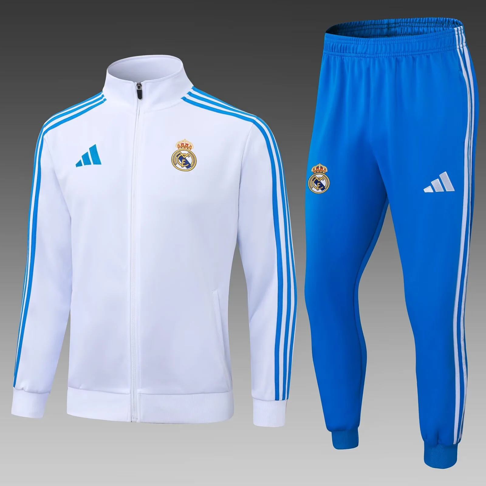2025/2026 Real Madrid Long Zipped Jacket White Blue Pants Football Shirt Set