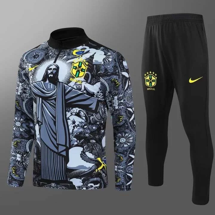 2024 Brazil Half-Pull Training Suit Special Edition Jesus Black Football Shirt  Set