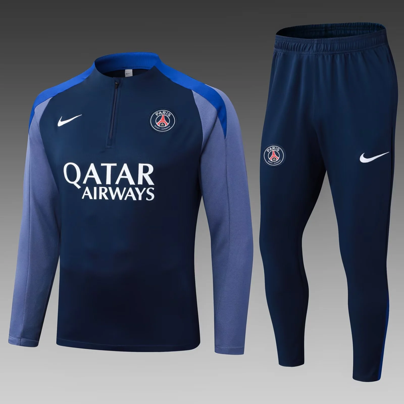 2025/2026 Psg Paris Saint-Germain Half-Pull Training Suit Navy Blue Gray Sleeves Football Shirt Set
