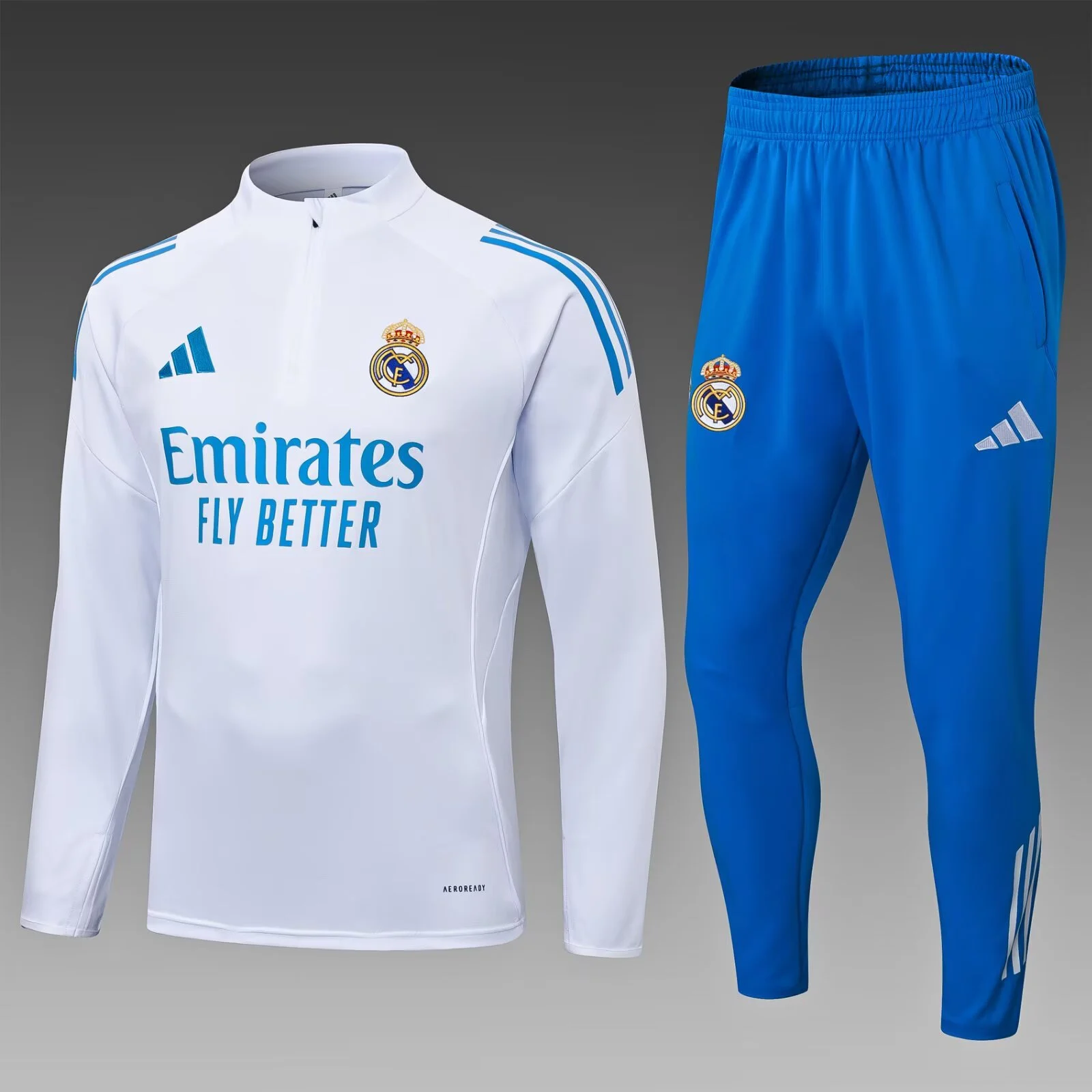 2025/2026 Real Madrid Half-Pull Training Suit White Blue Pants Football Shirt Set