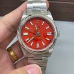 Rolex Oyster Perpetual 41mm Coral Red Dial Smooth Bezel Oyster Bracelet (124300) DD3230 Movement