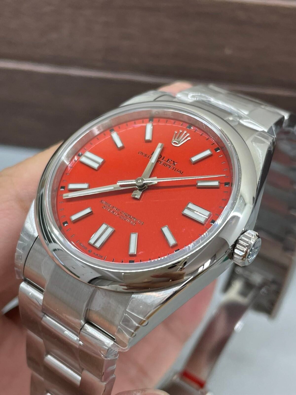 Rolex Oyster Perpetual 41mm Coral Red Dial Smooth Bezel Oyster Bracelet (124300) DD3230 Movement - Image 5